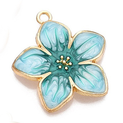 ECH04-TEA-1 - Teal Enamel Flower charm/pendant - light gold 